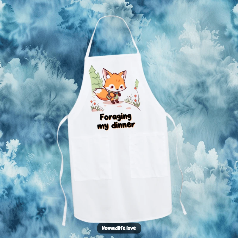 Funny Fox Kit Chef Apron showing a mischievous kit with a canteen, ready to explore the kitchen like a winding path.