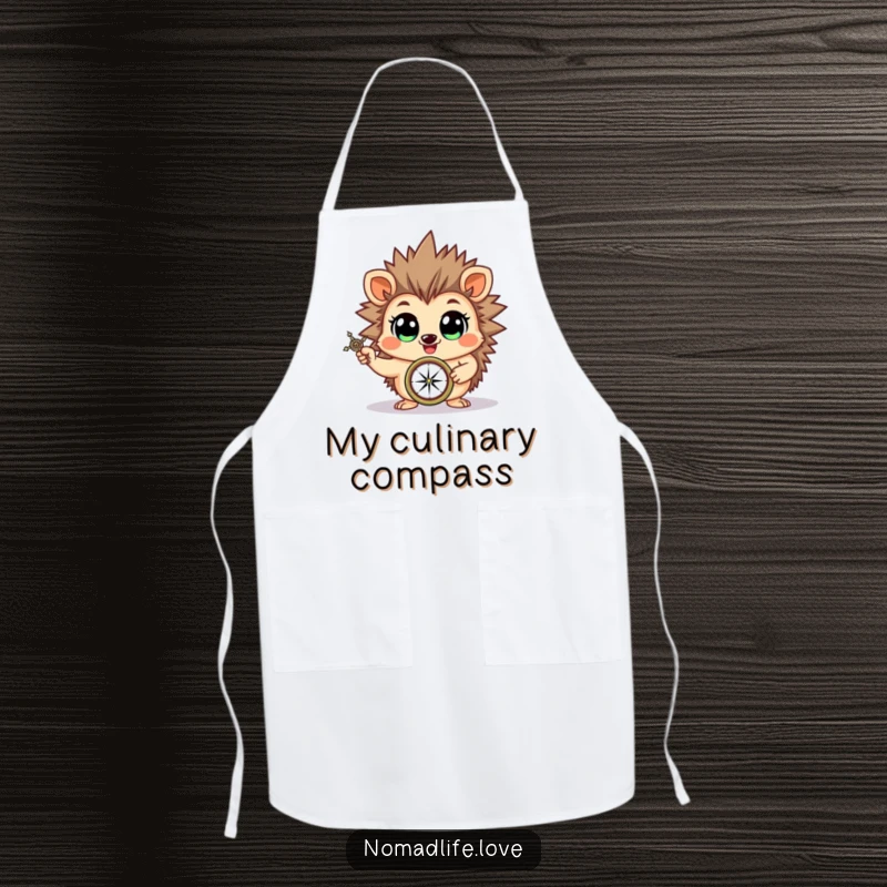 Funny cheerful hedgehog brandishing a compass with wide, eager eyes, a humorous apron for kitchen adventurers.
