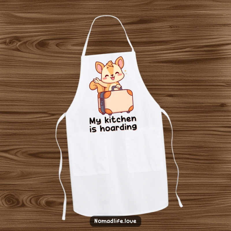 Funny wiggling squirrel character waving from its small wheeled suitcase, ready for culinary adventures, on a funny apron.