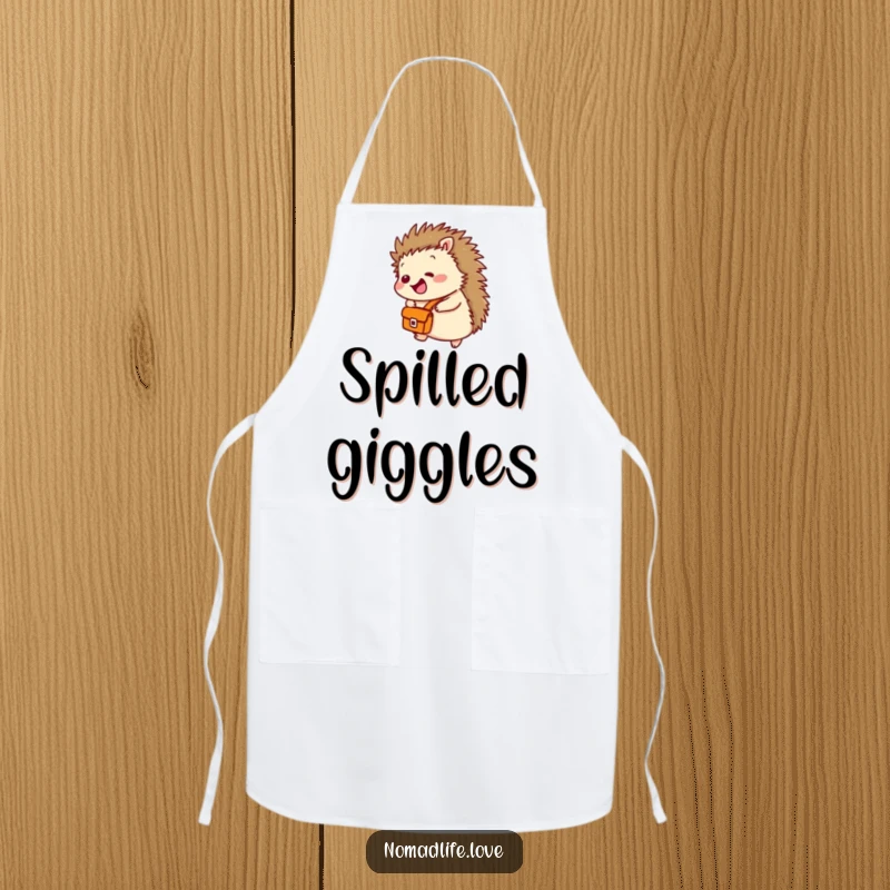 Funny Hedgehog Kitchen Apron depicting a giggling hedgehog with a satchel, rolling downhill, ready for baking fun.