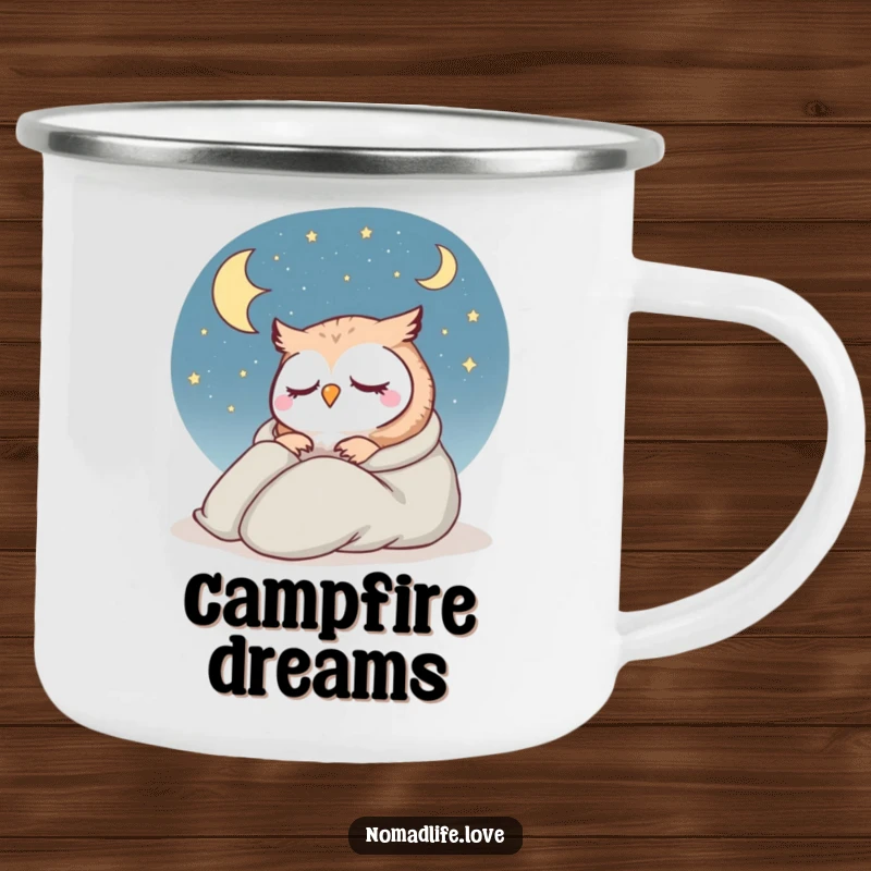 Funny Owl Campfire Mug showing a contented owl in a sleeping bag under a starry sky, perfect for outdoor relaxation.