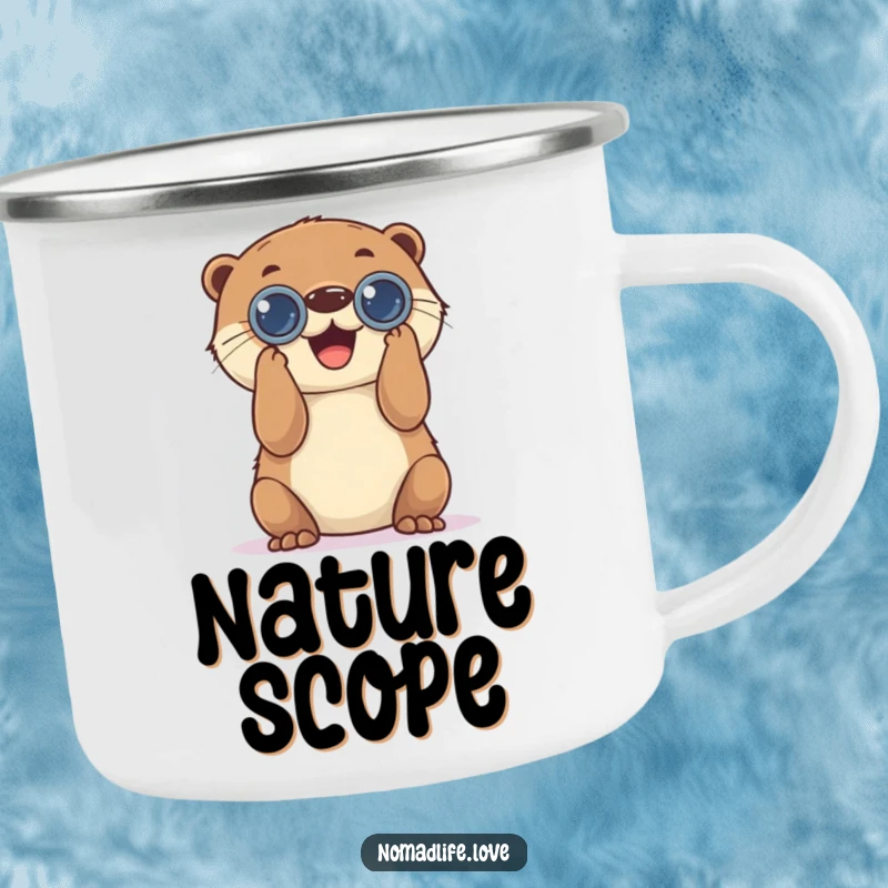 Funny Otter Camp Mug showing a playful otter with binoculars, perfect for enjoying drinks outdoors while observing nature.