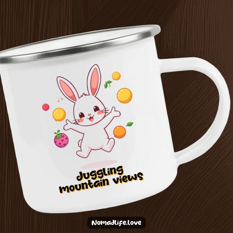 Funny bouncing bunny character juggling brightly colored fruit in mid-air, a humorous camping mug for outdoor fun.