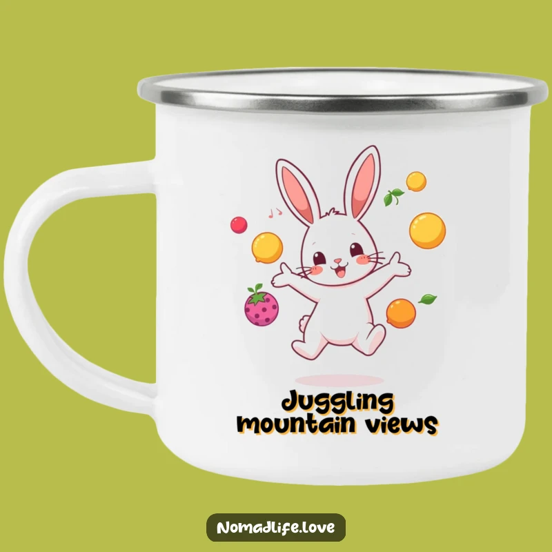 Funny Bunny Juggling Enamel Mug: Your Hilarious Fruity Companion