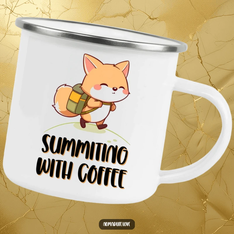 Funny giggling round fox wearing a small backpack, hiking up a gentle slope, a humorous camping mug for outdoor fun.
