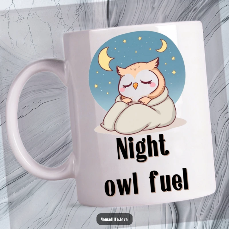Funny Owl Sleeping Bag Mug showing a contented owl dozing peacefully in a tiny sleeping bag under a starry sky.