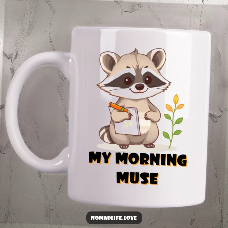 Funny Raccoon Sketch Mug showing a curious raccoon intently sketching a strange plant with a notepad and pencil.
