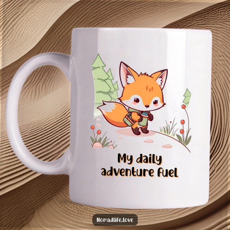 Funny Fox Kit Canteen Mug showing a mischievous kit with a canteen on a winding path, perfect for nature lovers.