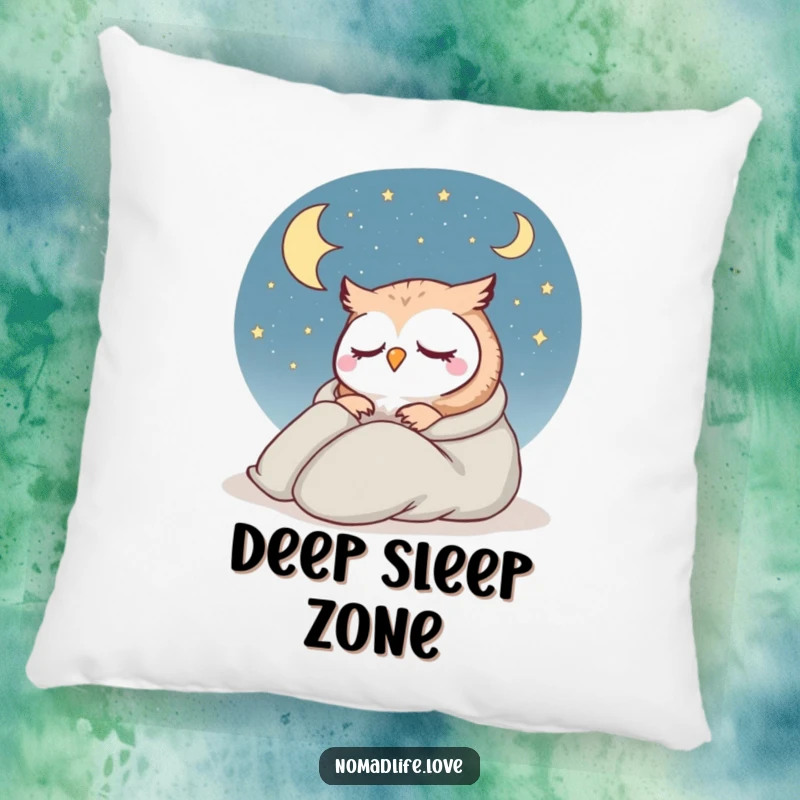 Funny Owl Dream Pillow featuring a contented owl in a sleeping bag, dozing under a starry sky, perfect for comfort.