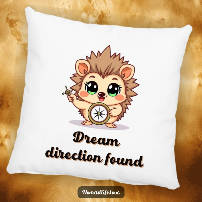 Funny cheerful hedgehog brandishing a compass with wide, eager eyes, a comfortable and humorous pillow.