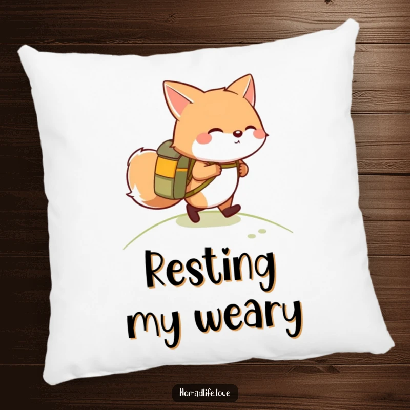 Funny giggling round fox wearing a small backpack, hiking up a gentle slope, a comfortable and humorous pillow.