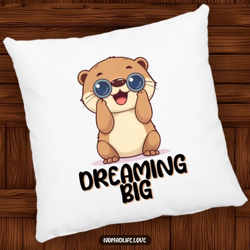 Funny Otter Observer Pillow featuring a playful otter with binoculars, perfect for cozying up while observing.