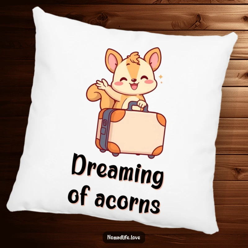 Funny wiggling squirrel character waving from its small wheeled suitcase, creating a soft and funny pillow design.