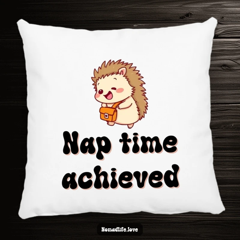 Funny Hedgehog Giggles Pillow featuring a giggling hedgehog with a satchel, rolling downhill, perfect for cozying up.