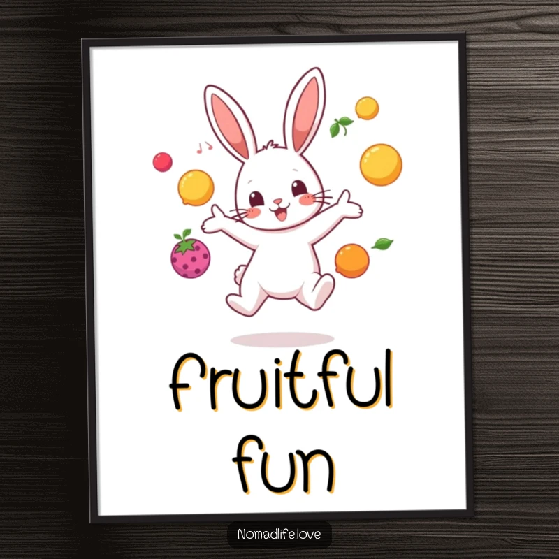 Funny bouncing bunny character juggling brightly colored fruit in mid-air, a humorous digital art print.