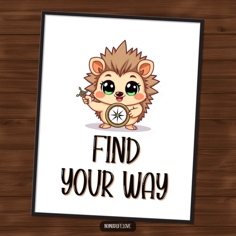 Funny cheerful hedgehog brandishing a compass with wide, eager eyes, a humorous digital art print.