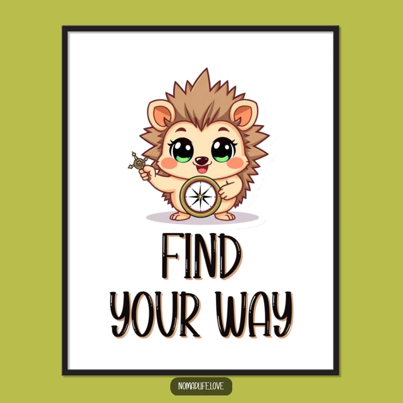Funny Hedgehog Compass Digital Print: Instant Adventure Art for Your Wall