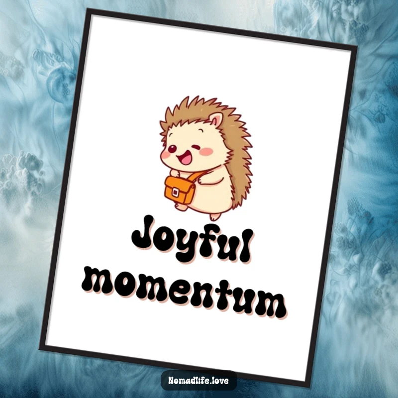 Funny Hedgehog Rolling Digital Art Print of a giggling hedgehog with a satchel, rolling downhill, perfect wall art.