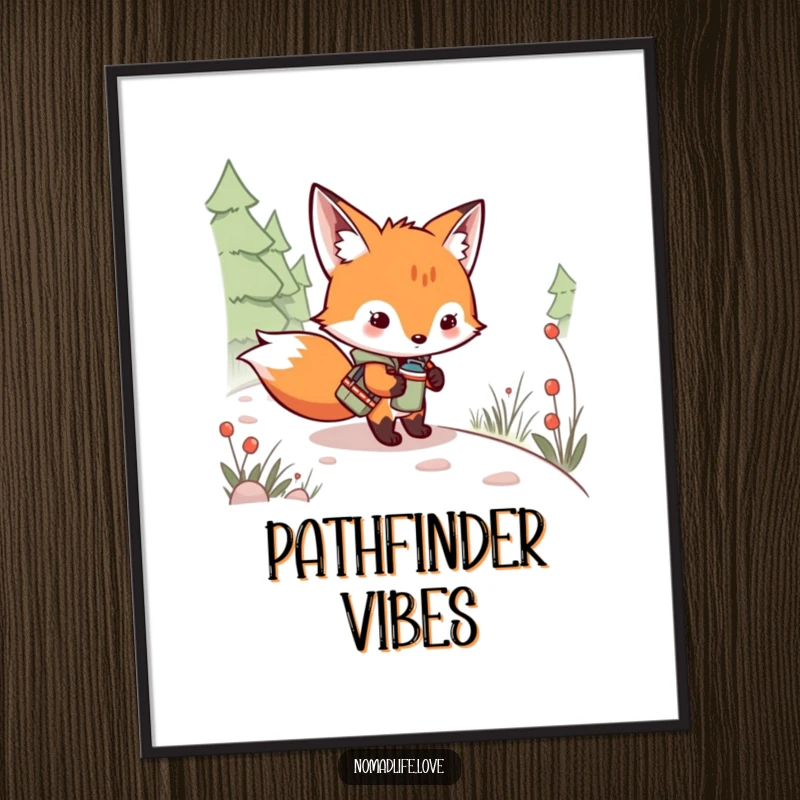 Funny Fox Kit Digital Art Print of a mischievous kit with a canteen on a winding path, perfect wall art.
