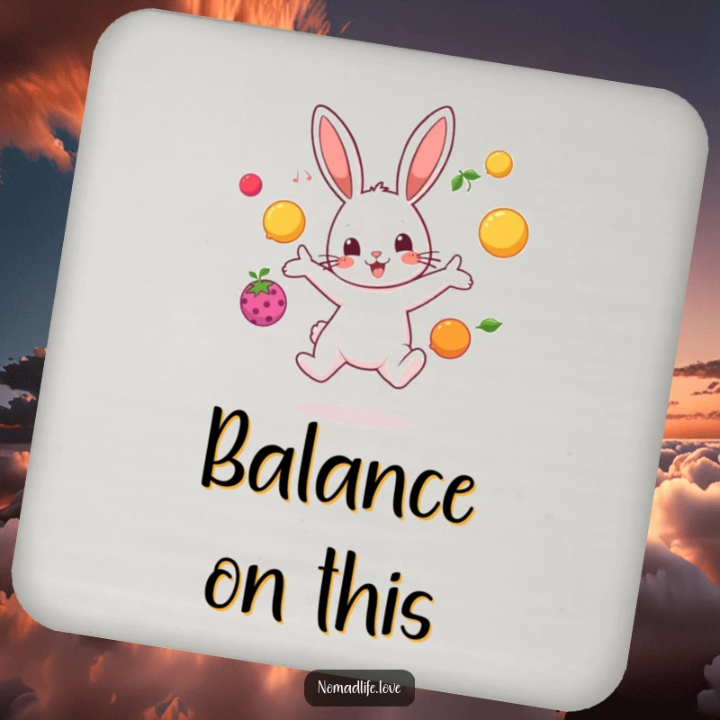 Funny bouncing bunny character juggling brightly colored fruit in mid-air, a set of humorous coasters.