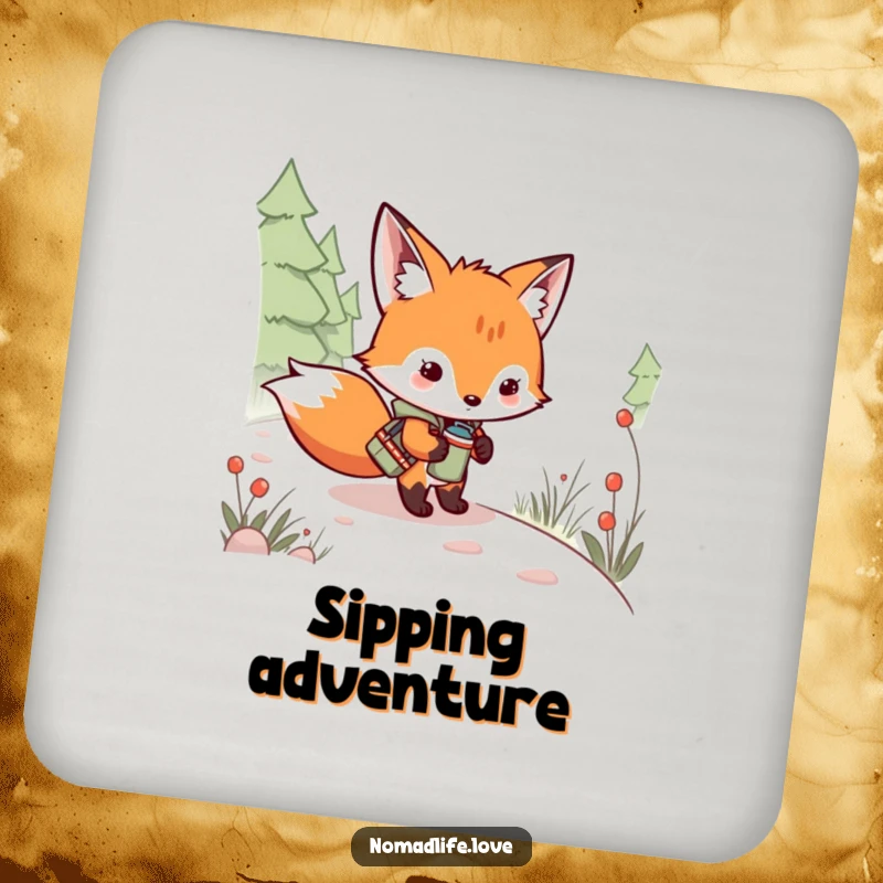 Funny Fox Kit Path Coaster showing a mischievous kit with a canteen on a winding trail, protecting surfaces humorously.