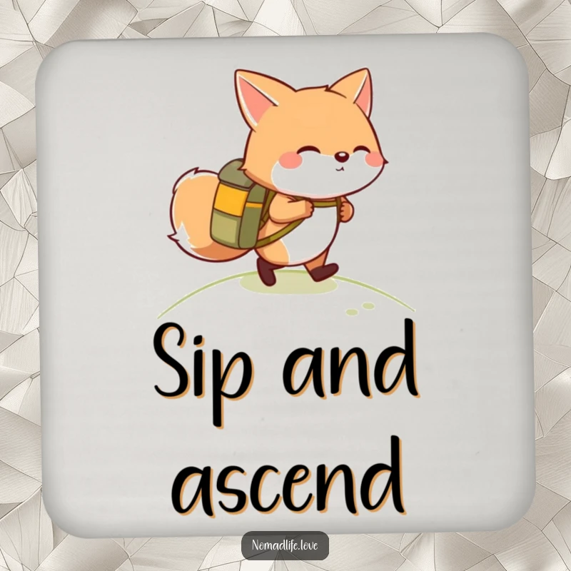 Funny giggling round fox wearing a small backpack, hiking up a gentle slope, a set of humorous coasters.