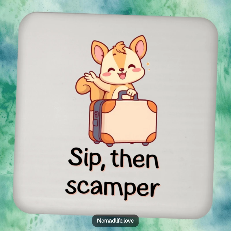 Funny wiggling squirrel character waving from its small wheeled suitcase, a delightful and funny coaster design.