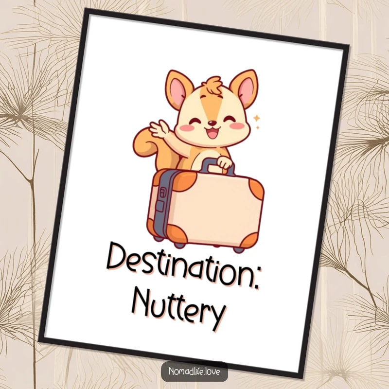 Funny wiggling squirrel character waving excitedly from atop a wheeled suitcase, perfect for a vibrant and funny poster.