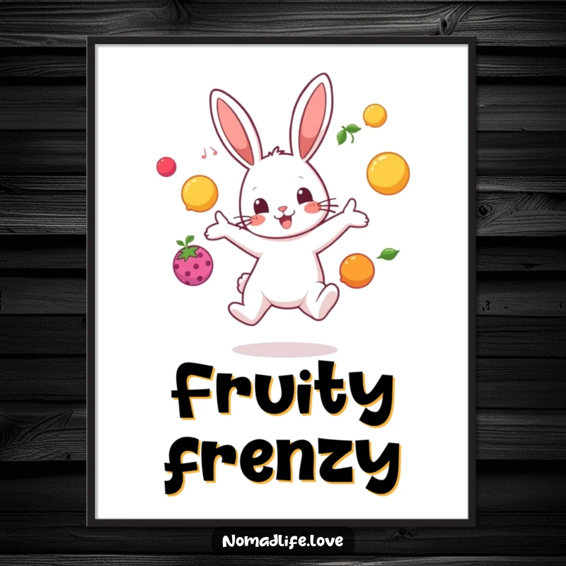 Funny bouncing bunny character juggling brightly colored fruit in mid-air, creating humorous and colorful wall art.