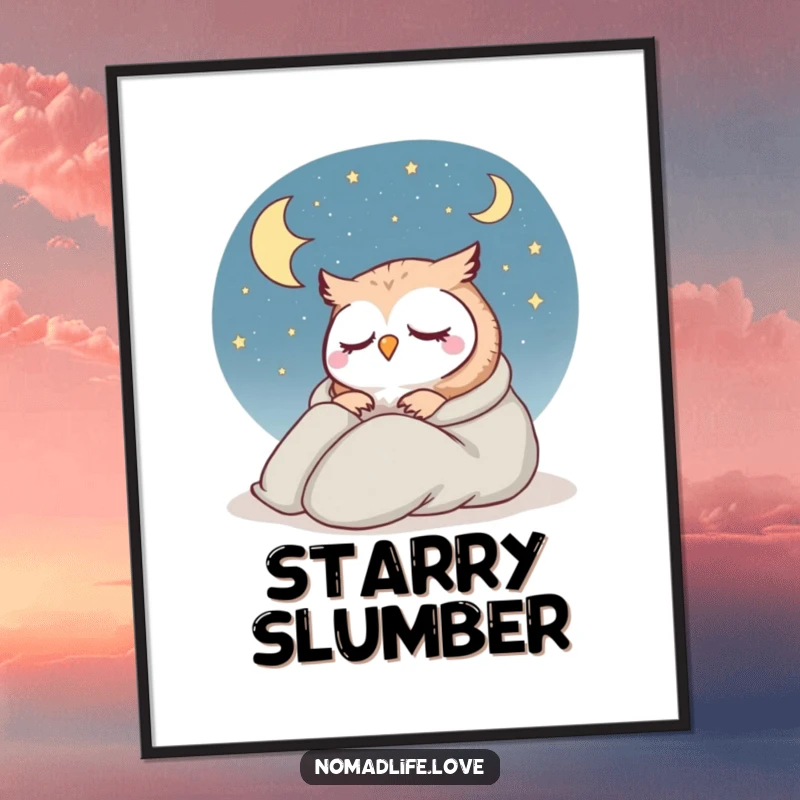 Funny Owl Starry Sky Poster showing a contented owl in a sleeping bag under a vast, beautiful starry sky, perfect decor.