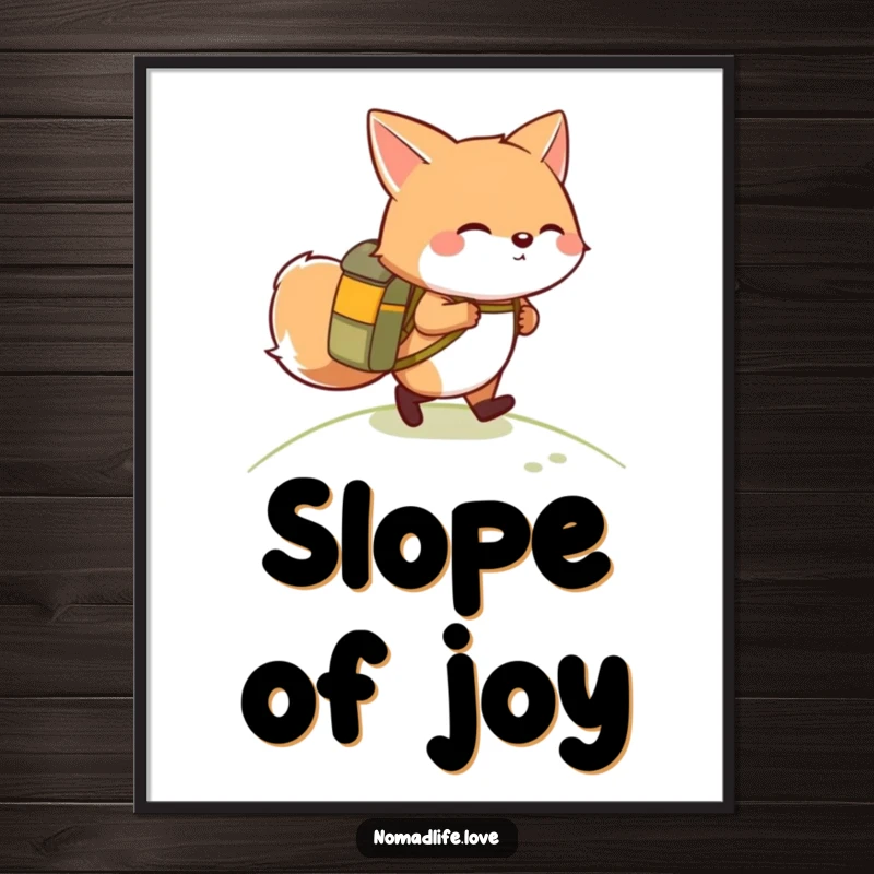 Funny giggling round fox wearing a small backpack, hiking up a gentle slope, creating humorous and inspiring wall art.