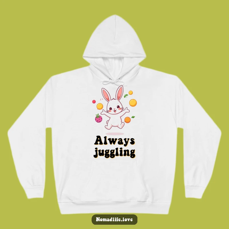 Cozy Funny Bunny Juggling Hoodie: Stay Warm with Fruity Fun