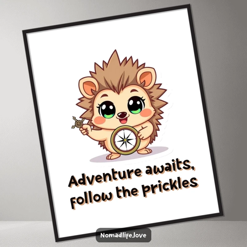 Funny Free Printable Wall Art: A cheerful hedgehog with eager eyes holding a compass, ready for adventure.