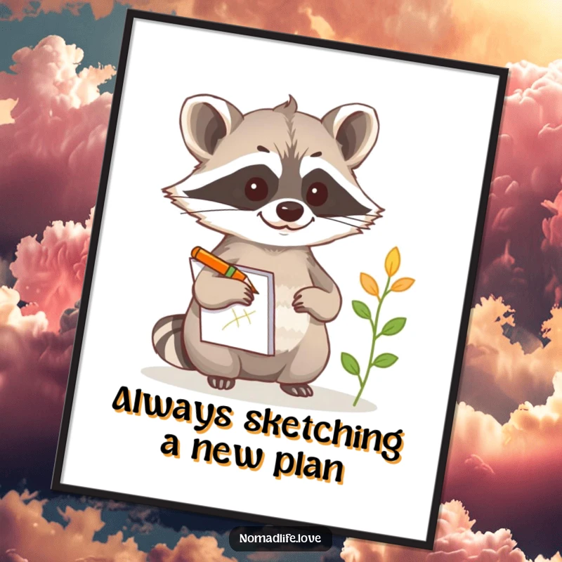 Funny Free Printable Wall Art: Curious raccoon with notepad and pencil sketching a strange plant, unique downloadable art.