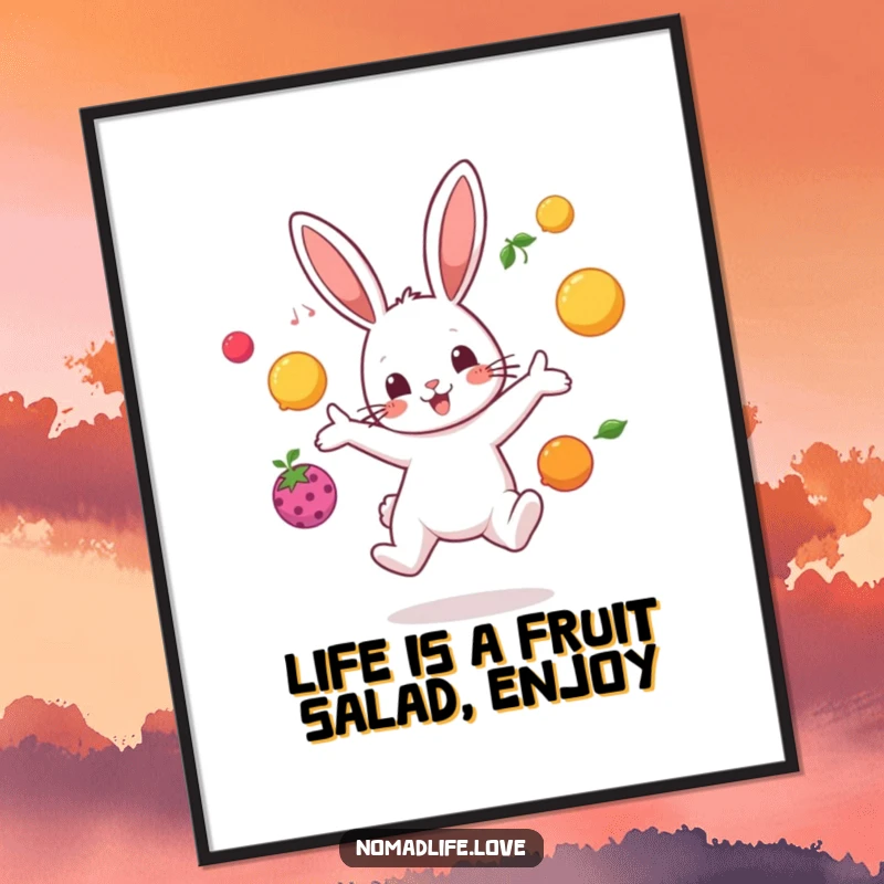 Funny Free Printable Wall Art: A bouncing bunny character joyfully juggling brightly colored fruit in mid-air.
