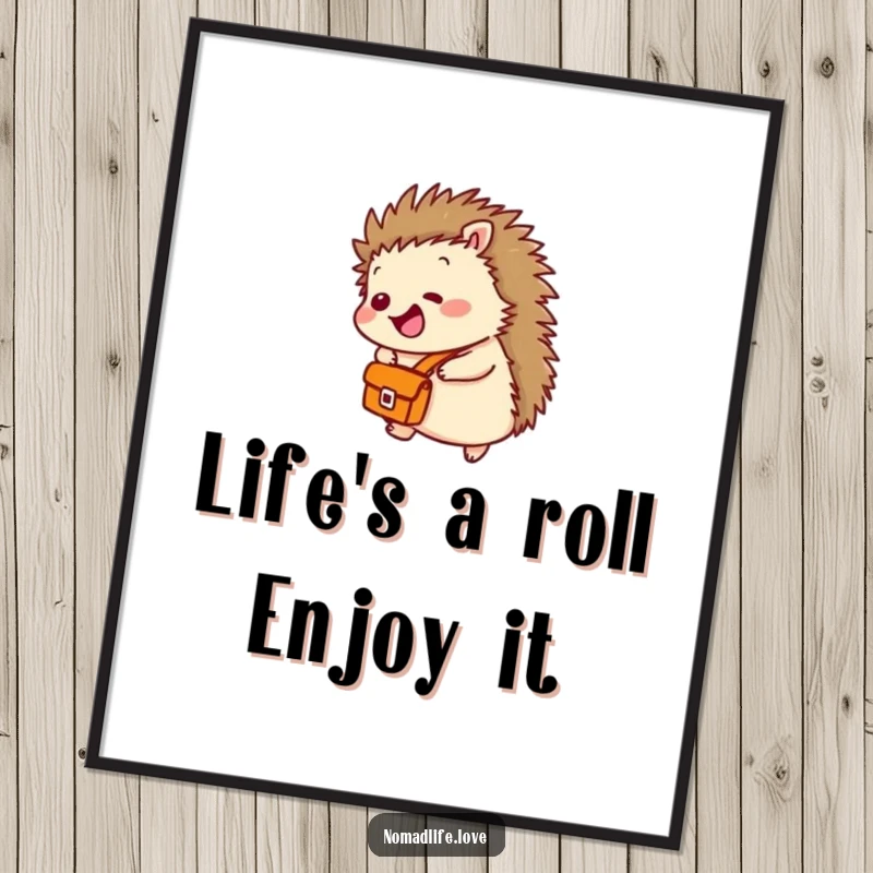 Funny Free Printable Wall Art: Tiny giggling hedgehog with a satchel rolling gleefully downhill, a picture of pure joy.