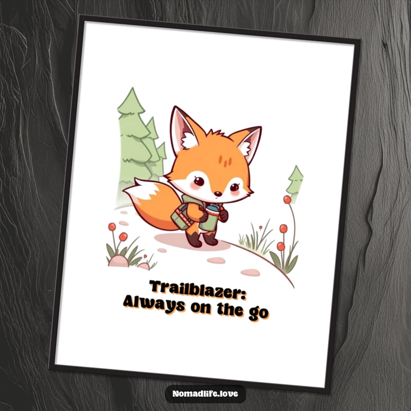 Funny Free Printable Wall Art: Mischievous fox kit with canteen exploring a winding path, whimsical and adventurous downloadable decor.