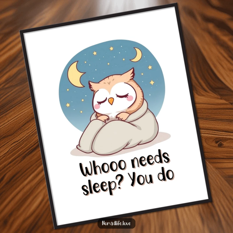 Funny Free Printable Wall Art: Contented little owl with a sleeping bag dozing near a starry sky, peaceful downloadable art.