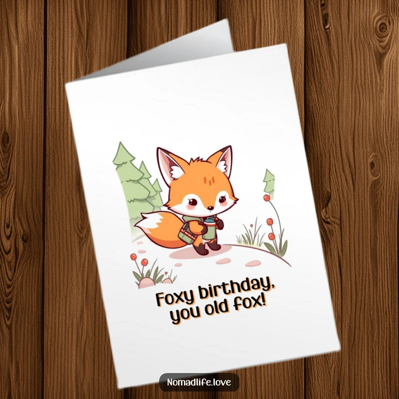Funny Free Printable Birthday Card of a mischievous fox kit with a canteen on a winding path, ready for adventure.