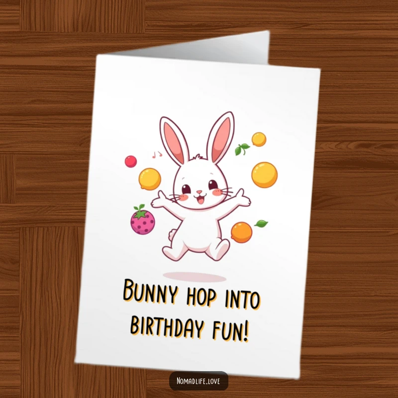 Funny Free Printable Birthday Card: Playful bunny character juggling colorful fruit with a happy expression.