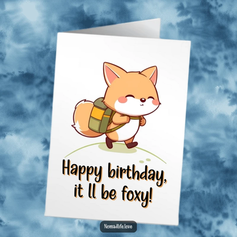 Funny Free Printable Birthday Card: Giggling fox in a backpack hiking up a slope for birthday fun.