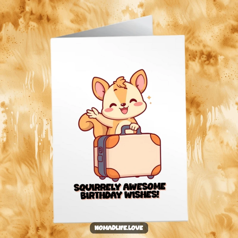 Funny Free Printable Birthday Card featuring a wiggling squirrel ready for adventure atop a wheeled suitcase.