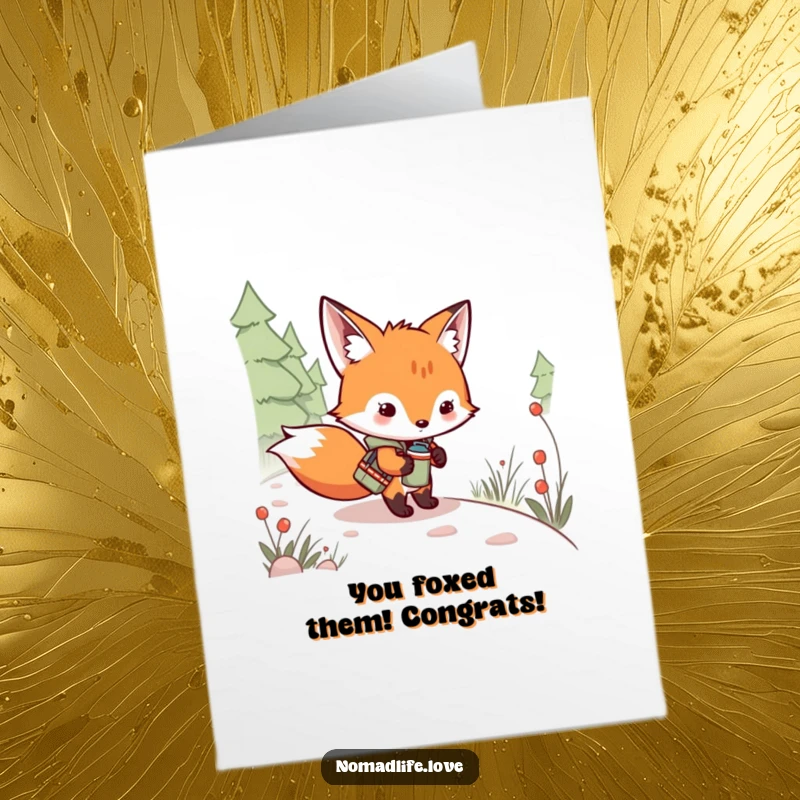 Funny Free Printable Congratulations Card: Mischievous fox kit with canteen cheering, a perfect downloadable celebration.