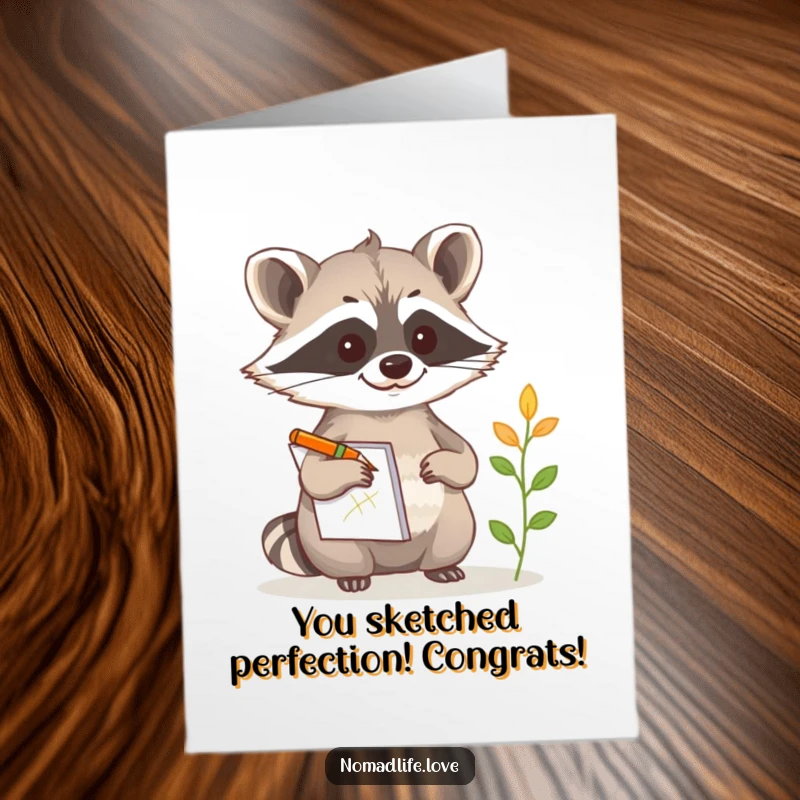 Funny Free Printable Congratulations Card: Curious raccoon with notepad sketching, documenting success with artistic flair.