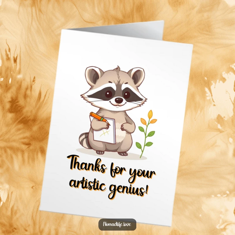 Funny Free Printable Thank You Card: Curious raccoon with notepad sketching a plant, showing thanks with artistic observation.