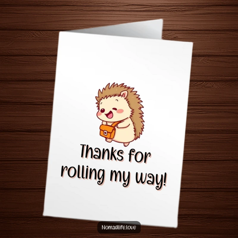 Funny Free Printable Thank You Card: Giggling hedgehog with a satchel rolling downhill, expressing thanks with joy.
