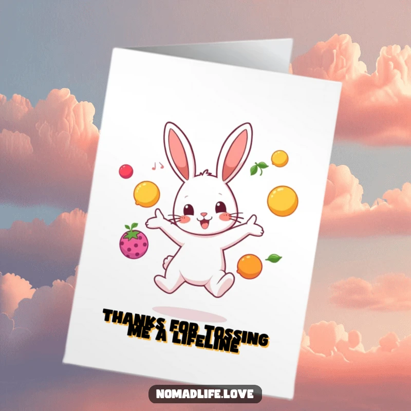 Funny Free Printable Thank You Card: Playful bunny character juggling colorful fruit to express thanks.