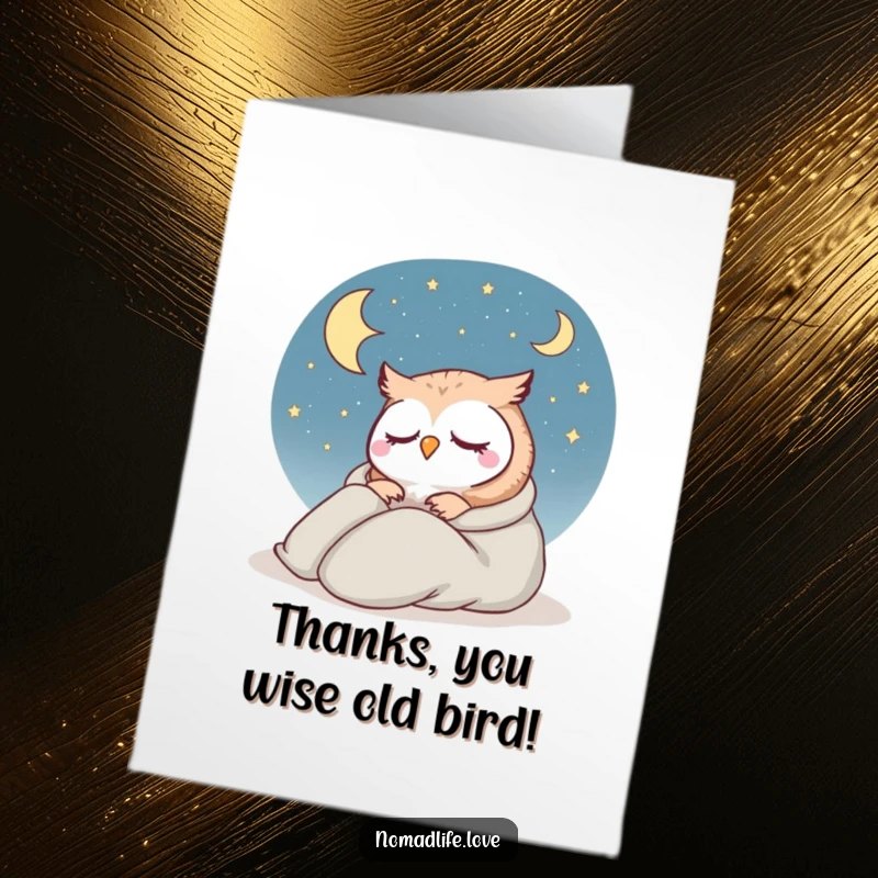 Funny Free Printable Thank You Card: Contented little owl in a sleeping bag near a starry sky, peacefully saying thank you.