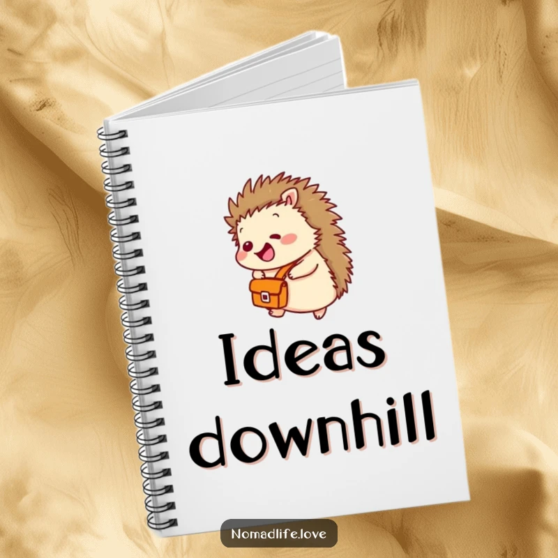 Funny Hedgehog Satchel Notebook showing a giggling hedgehog with a satchel, rolling downhill, perfect for jotting down ideas.