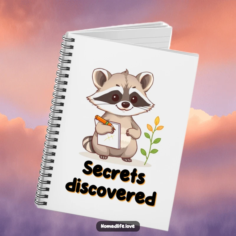 Funny Raccoon Sketch Notebook featuring a curious raccoon with a notepad and pencil, sketching a strange plant, ideal for notes.